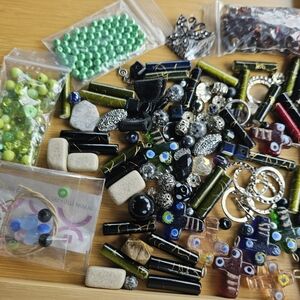 Mixed Jewelry Beads and Findings - Green, Black, Silver